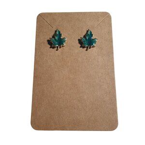 Green Maple Leaf Stud Earrings Enamel Finish Gold Tone Push Back Jewelry Gift